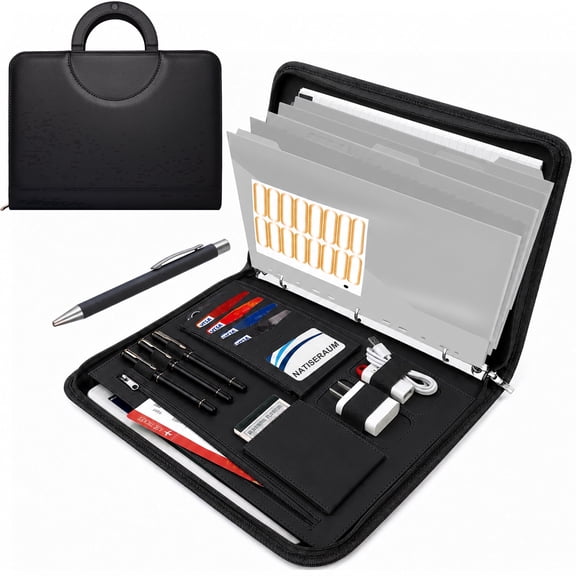 NATISERAUM Portfolio Binder, Includes 5 Dividers, Notepad, and Pen, Vegan Leather A4 3-Ring Zipper Padfolio with Magnetic Handle, Professional Business Document Organizer for Office/School/Interview