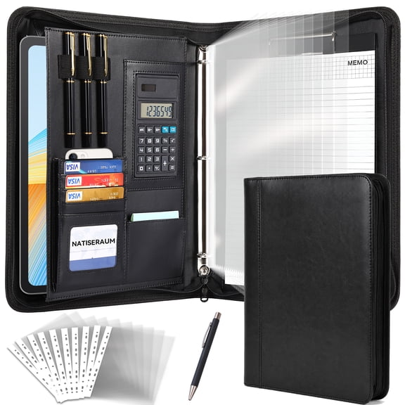 NATISERAUM Portfolio Binder, Vegan Leather A4 Padfolio Organizer, 3 Ring Binder with Zipper,Includes 10 Clear Sheet Protectors,Pen & 20‑Page Notepad