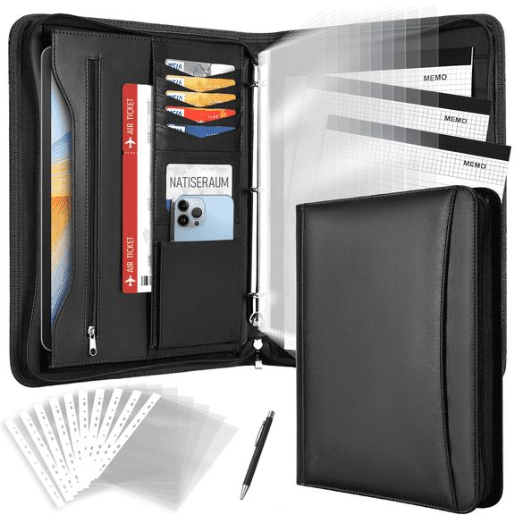 NATISERAUM Portfolio Binder, Includes 10 Sheet Protectors and 3 Notepads, 3-Ring Folder Organizer, A4 Padfolio with Zipper, Vegan Leather Tablet Sleeve,Office Supplies