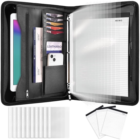 NATISERAUM Portfolio Binder, Includes 10 Sheet Protectors and 3 Notepads, 3-Ring Folder Organizer，A4 Vegan Leather Zipper Binders ,Business Office Conference Clipboards