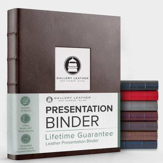 Gallery Leather 3 Ring Binder with Plastic Sleeves, Includes 10 Sheets, Sheet Size: 8.5" x 11" - Presentation Binder Rings with Window and Hubbed Spine, Thick: 1.25" Belfast Brown