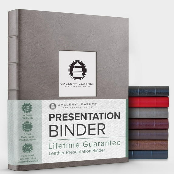 Gallery Leather 3 Ring Binder with Plastic Sleeves, Includes 10 Sheets, Sheet Size: 8.5" x 11" - Presentation Binder Rings with Window and Hubbed Spine, Thick: 1.25" Freeport Slate