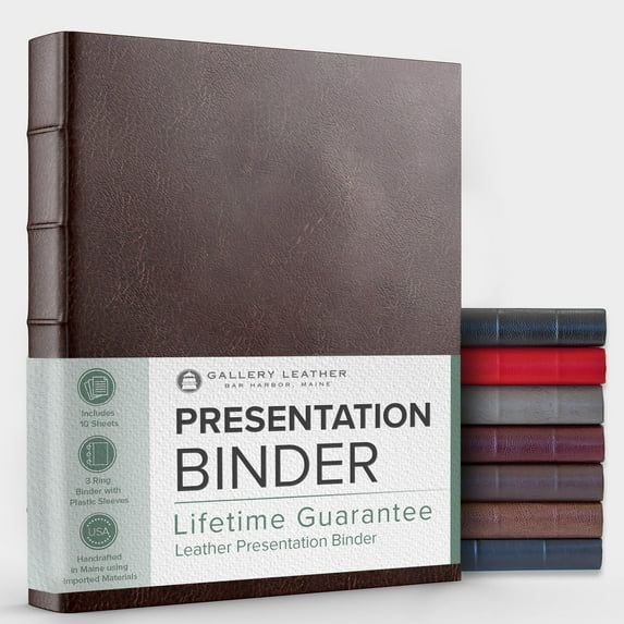 Gallery Leather 3 Ring Binder with Plastic Sleeves, Includes 10 Sheets, Sheet Size: 8.5" x 11" - Presentation Binder Rings with Hubbed Spine, Thick: 1.25" Belfast Brown