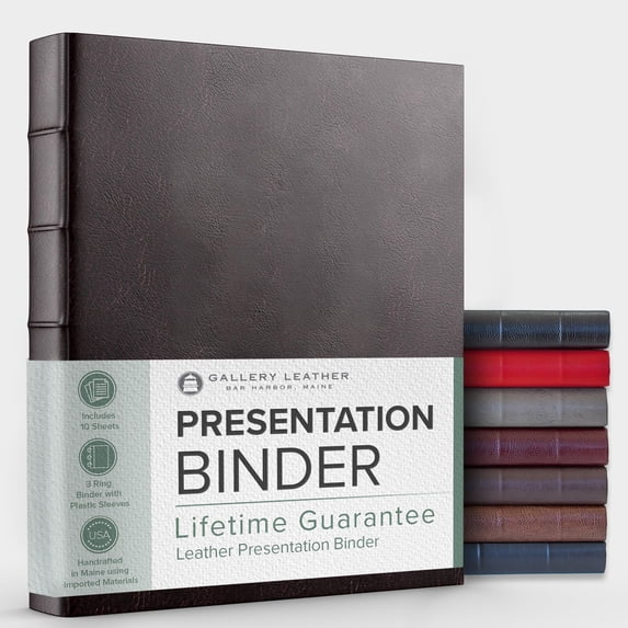 Gallery Leather 3 Ring Binder with Plastic Sleeves, Includes 10 Sheets, Sheet Size: 8.5" x 11" - Presentation Binder Rings with Hubbed Spine, Thick: 1.25" Belfast Burgundy