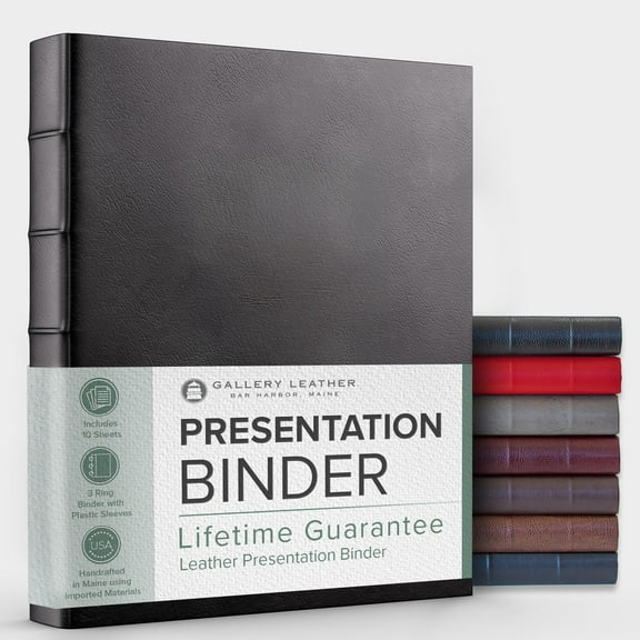 Gallery Leather 3 Ring Binder with Plastic Sleeves, Includes 10 Sheets, Sheet Size: 8.5" x 11" - Presentation Binder Rings with Hubbed Spine, Thick: 1.25" Freeport Black