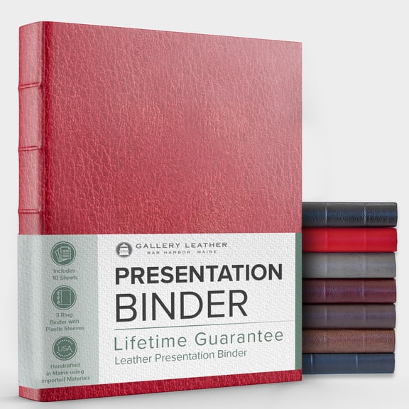 Gallery Leather 3 Ring Binder with Plastic Sleeves, Includes 10 Sheets, Sheet Size: 8.5" x 11" - Presentation Binder Rings with Hubbed Spine, Thick: 1.25" Camden Red