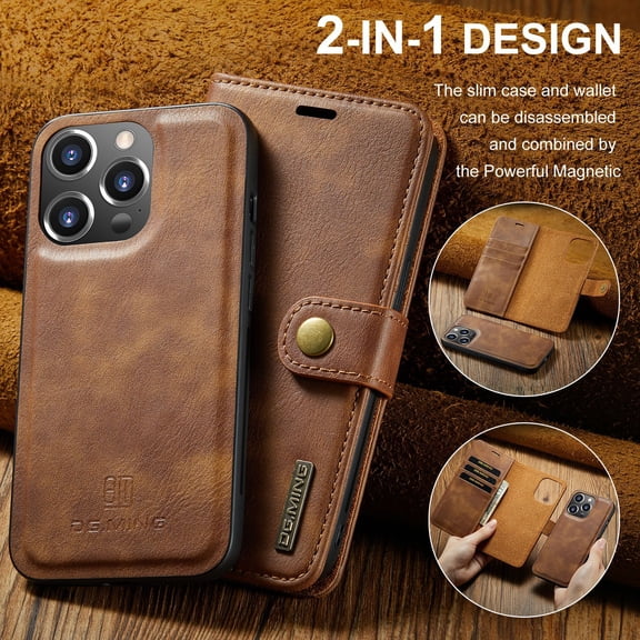 Leather 2 in 1 Wallet Magnetic Case Card Stand Bag Phone Cover Skin For iPhone 15, Brown