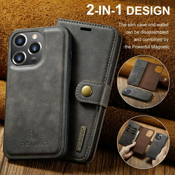 Leather 2 in 1 Wallet Magnetic Case Card Stand Bag Phone Cover Skin For iPhone 15,Gray