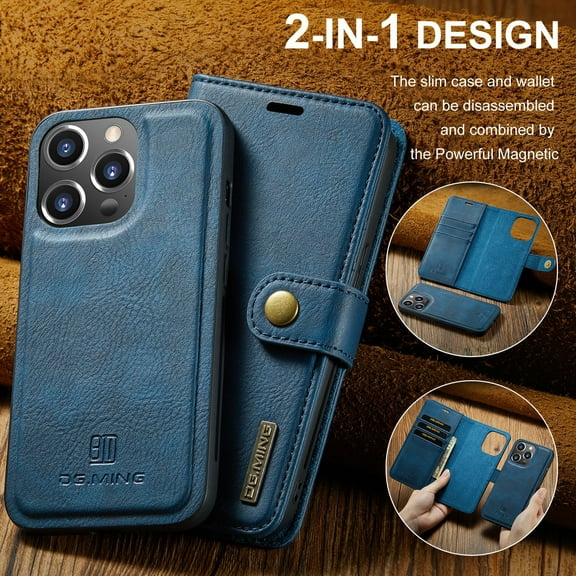 Leather 2 in 1 Wallet Magnetic Case Card Stand Bag Phone Cover Skin For iPhone 15 Pro Max Blue