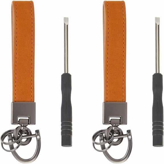 Leather 2 set 2 Sets Cowhide Black Keychain Strap with Screwdriver Metal D Ring Genuine Leather Long Wristlet