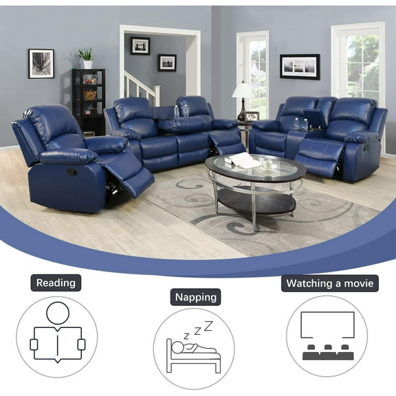 Leather 3-Piece Sofa Set Manual Recline chair , sofa ,Loveseat, Storage Coffee Table, Artificial Leather blue