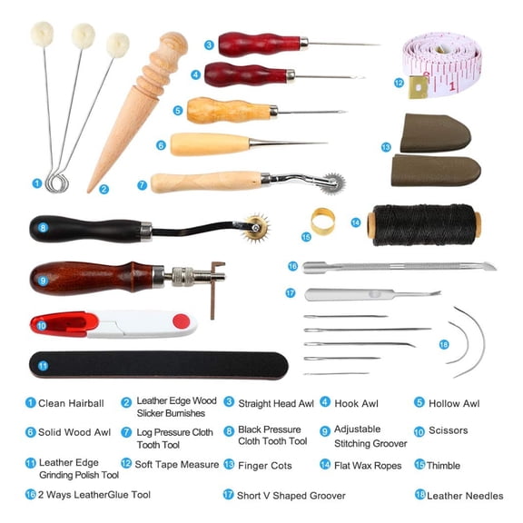 Leather 31Pcs Leather Sewing Tools DIY Leather Craft Hand Stitching Kit With Groover Awl Waxed Thimble