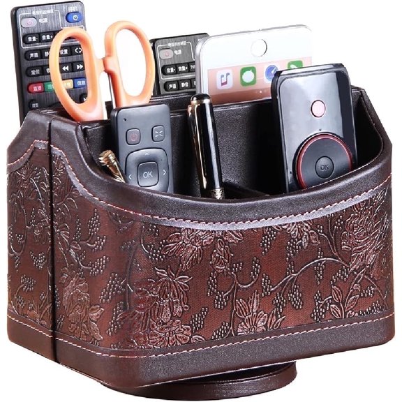 Mgkitch PU Leather Remote Control Holder,360°  Spinning Desk TV Remote Caddy/Tray/Shelf,Nightstand Storage Box Organizer for Pen,Controller,Media Play,Home and Office supplies
