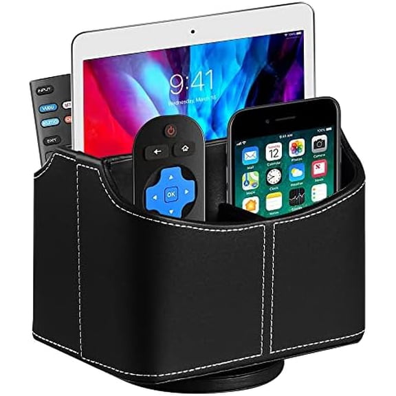 Leather 360° Spinning Remote Control Holder, Pencil Pen Holder for Desk Table Nightstand, TV Remote Caddy Organizer, Black Office Decor and Accessories, Storage Box for Phone,Media Player Controllers