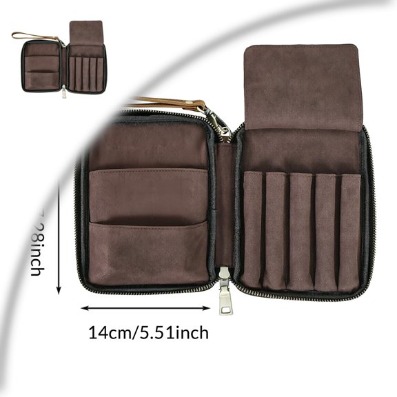 Leather 5 Slots Pen Case Fountain Pen Holder Organizer 2 A6 Notebook Pockets Portable Travel Stationery Pouch with Removable Wrist Strap Phone Pocket