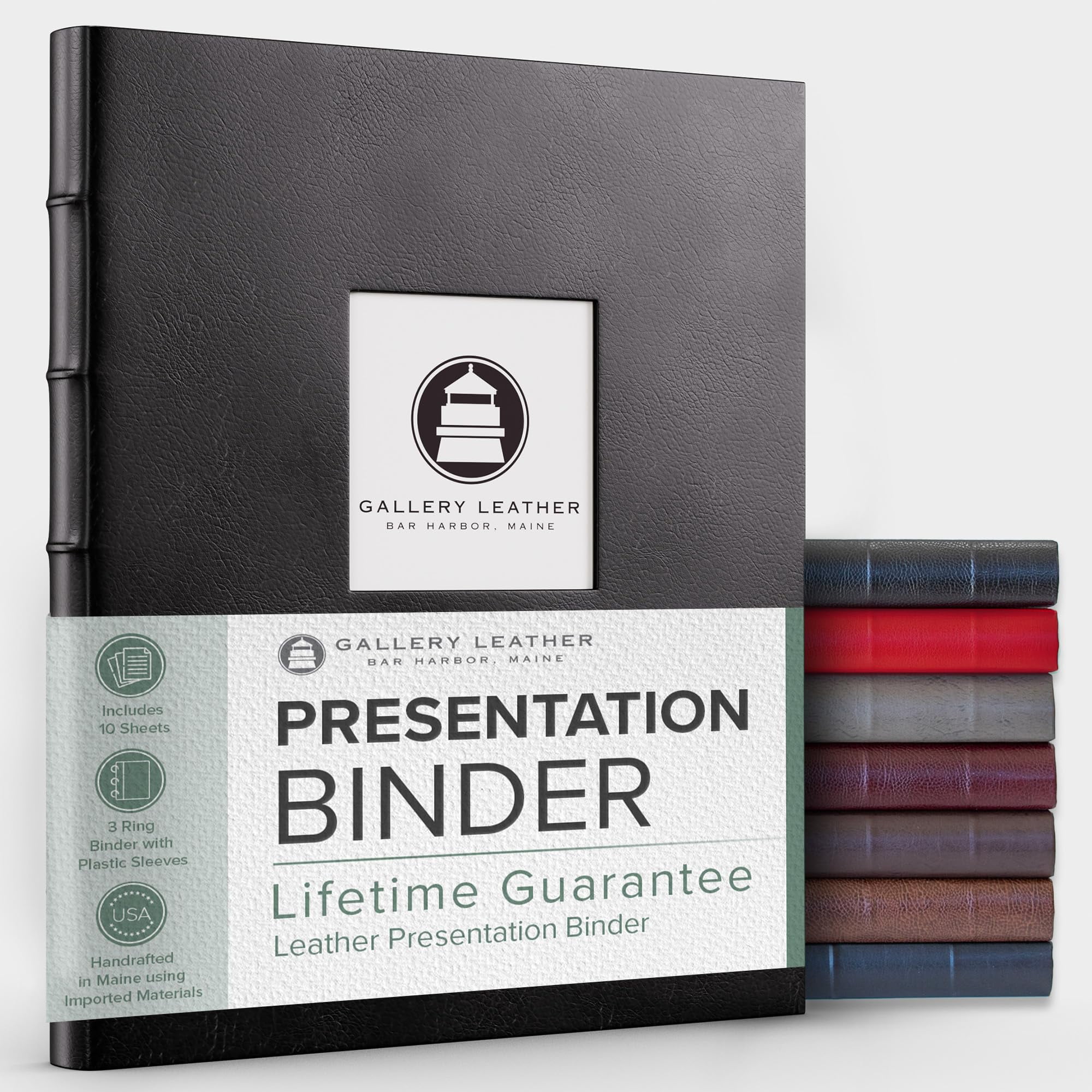 Gallery Leather 3 Ring Binder with Plastic Sleeves, Includes 10 Sheets, Sheet Size: 8.5" x 11" - Presentation Binder Rings with Window and Hubbed Spine, Thick: 0.75" Belfast Black