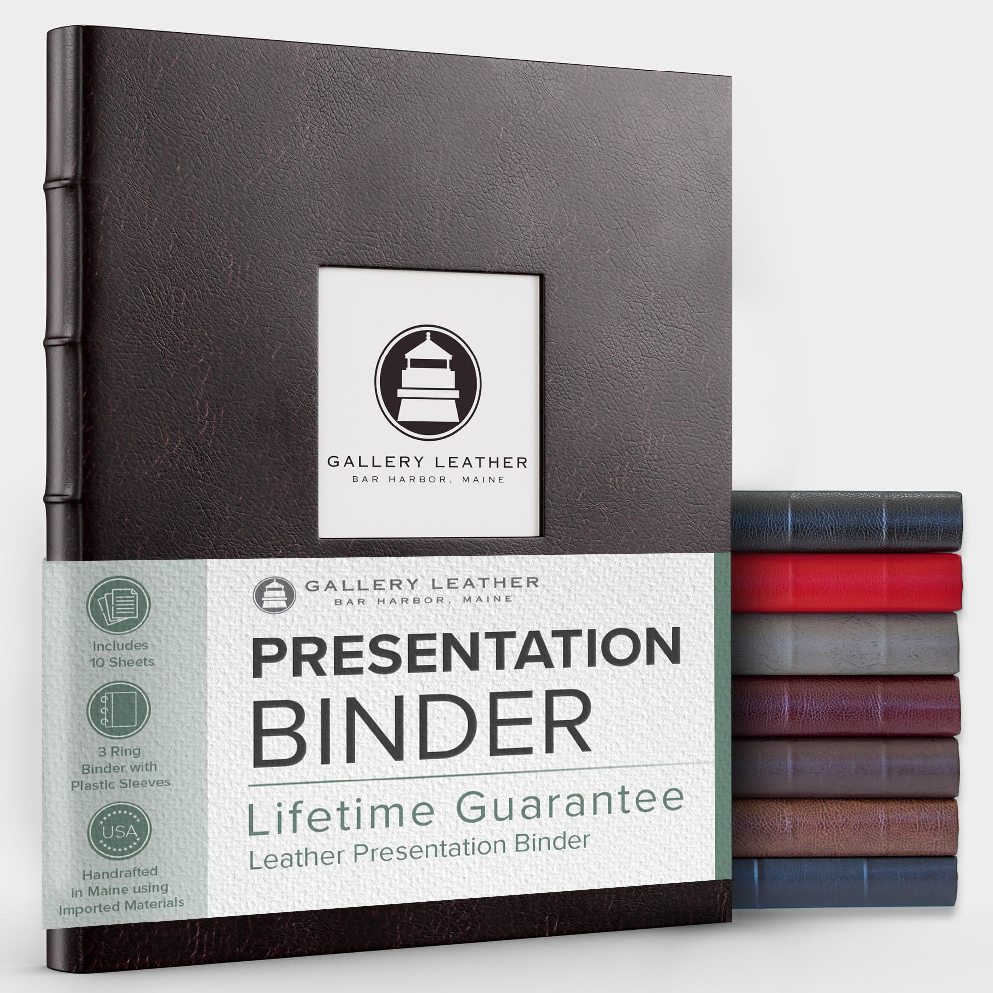 Gallery Leather 3 Ring Binder with Plastic Sleeves, Includes 10 Sheets, Sheet Size: 8.5" x 11" - Presentation Binder Rings with Window and Hubbed Spine, Thick: 0.75" Belfast Burgundy