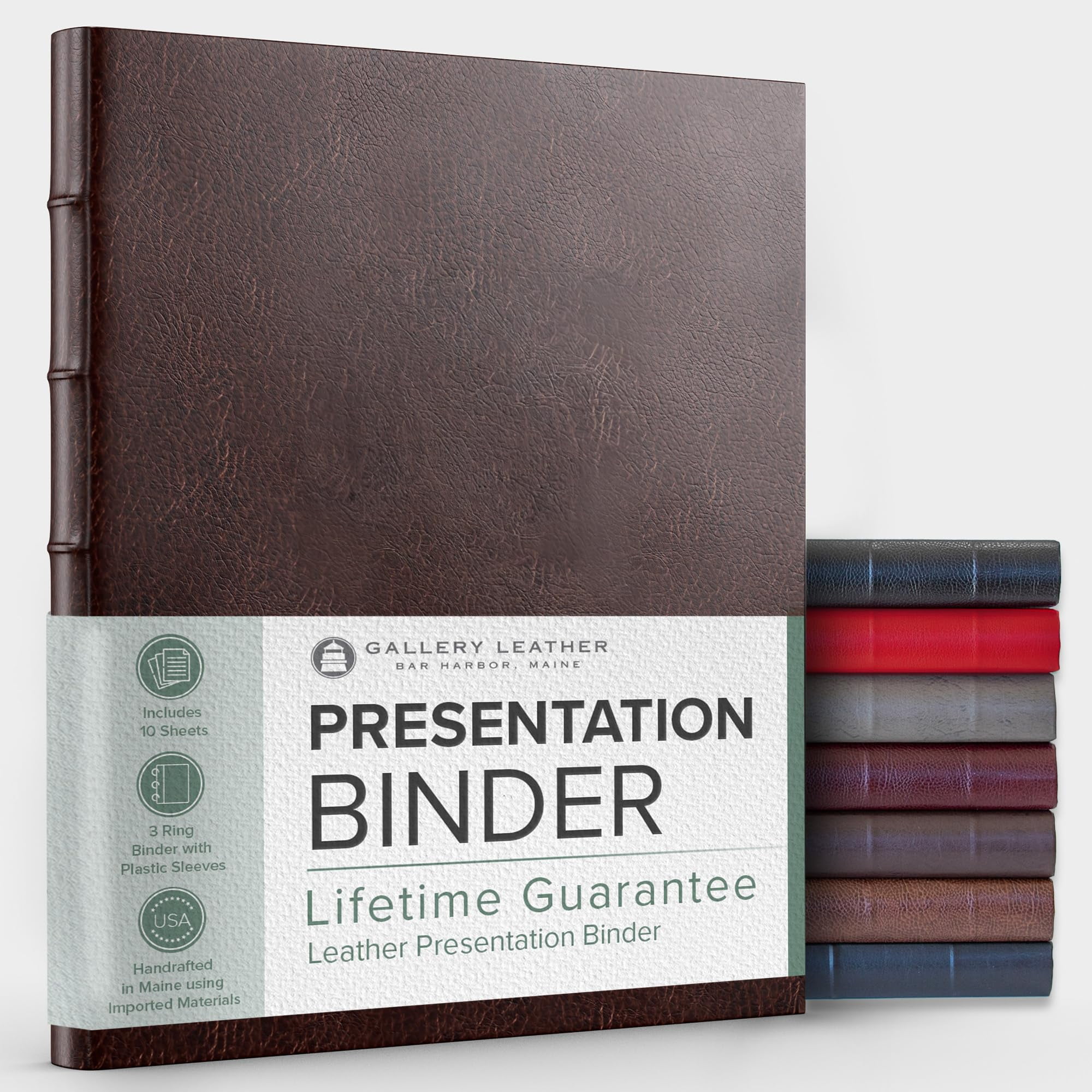 Gallery Leather 3 Ring Binder with Plastic Sleeves, Includes 10 Sheets, Sheet Size: 8.5" x 11" - Presentation Binder Rings with Hubbed Spine, Thick: 0.75" Belfast Brown