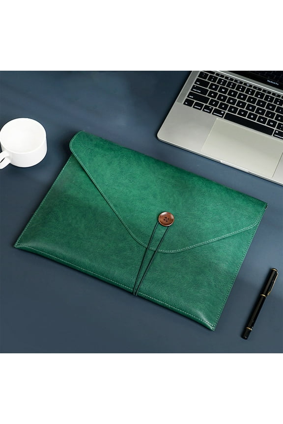 Leather A4 File Folder Briefcase - Business Office Document Organizer Portable Large Capacity Storage with Button Closure