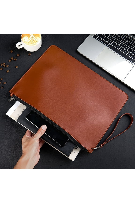 Leather A4 Portable Zippered Document Bag For Business Meetings Brown Water Resistant File Folder 1 Pack
