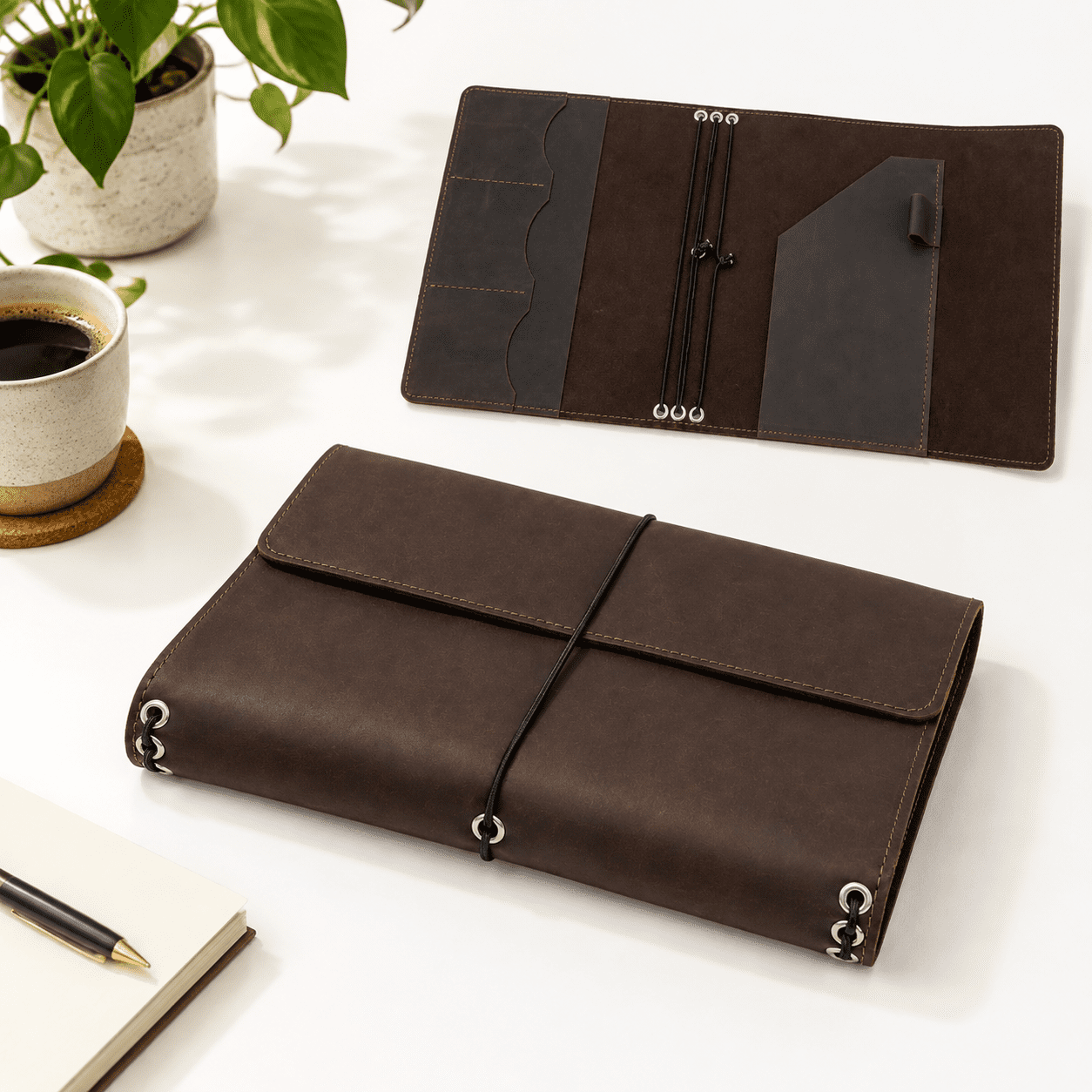English Notebook Example Leather A5 Notebook Cover Refillable Journal Case with Elastic Bands ...