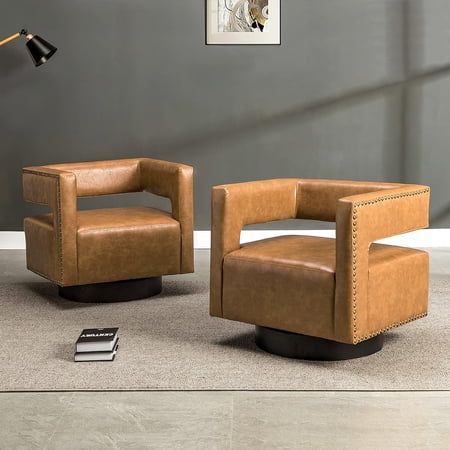 Leather Accent Barrel Chair Set of 2 Metal Base 360 Degree Swivel Club Armchair 3D Open Back Reception Living Room CAMEL