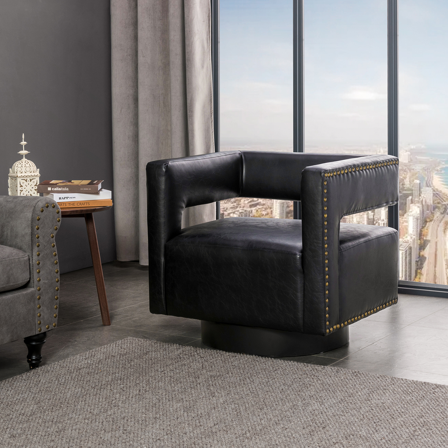 Leather Accent Barrel Upholstered Chair 360 Swivel Club Armchair Sturdy ...