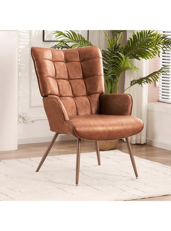 Leather Accent Chair Mid-Century Modern Faux Leather Wingback Chair, Living Room Chair Upholstered Sofa Chairs with Metal Legs for Livingroom Bedroom,Office, Dining Room, Office (Brown)