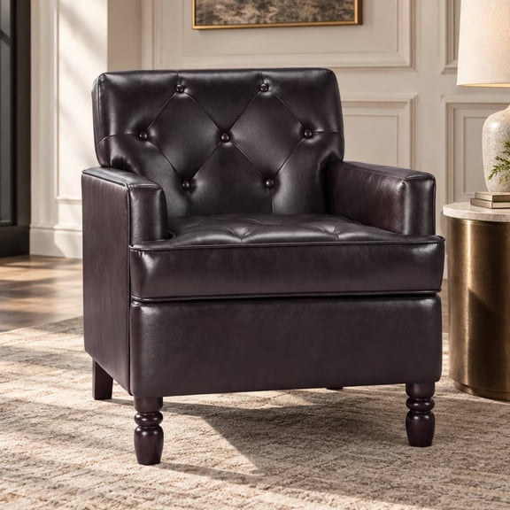 Leather Accent Chair, Mid-Century Wingback Armchair Living Room Sofa Chair With Solid Wood Leg For Bedroom, Brown