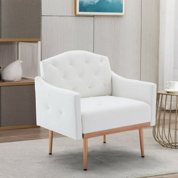 Leather Accent Chair, Upholstered Single Sofa Chair Leisure Comfy Armchair for Living Room, Mid Century Chair with Rose Golden Metal Legs Tufted Reading Chair for Bedroom Office (White, PU)