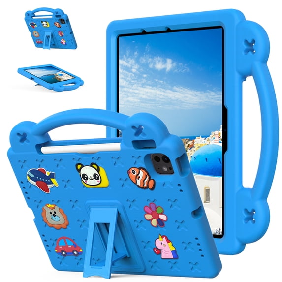 Aminegg for iPad Air 11 Inch M2 2024 Released Case with Pencil Holder, Heavy Duty Shockproof Cover Kids,Blue