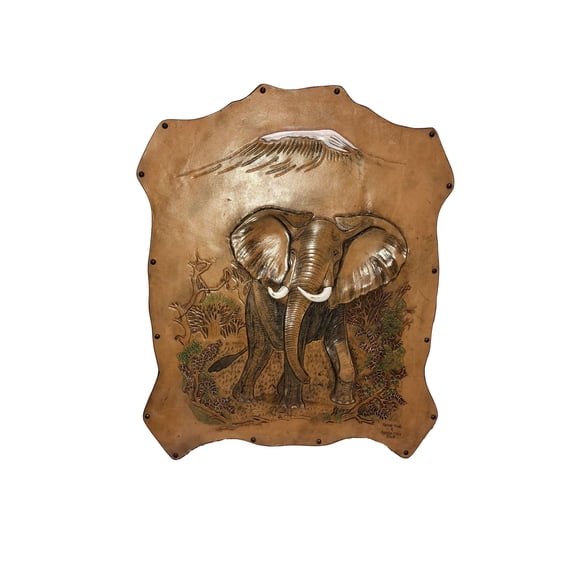 Leather African Elephant and Mount Kilimanjaro Wall Hanging