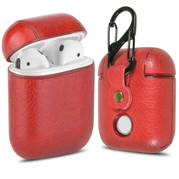 Leather AirPods Case Cover with Keychain Clip, CoreLife Protective Hard Vegan Leather Cover for Apple AirPods 1 & 2 Charging Case (Red)