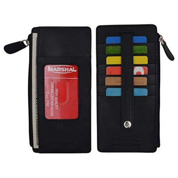 Leather All in One Card Case Holder Slim Wallet With a Card Protection Strap by Marshal