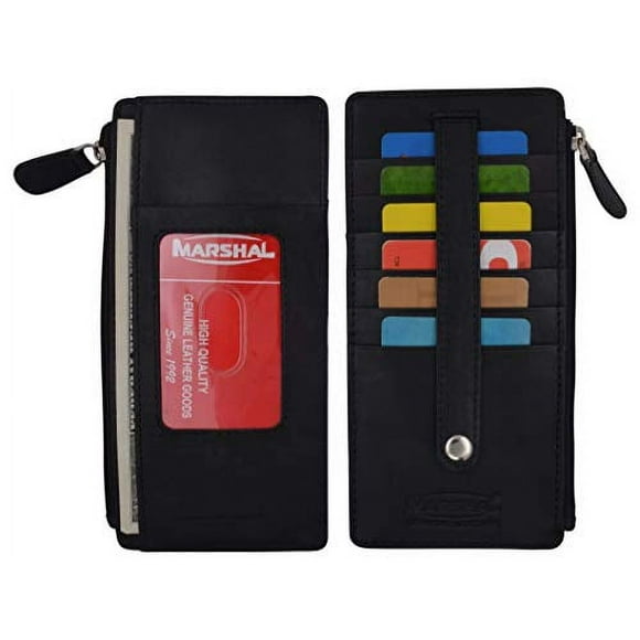 Leather All in One Card Case Holder Slim Wallet With a Card Protection Strap by Marshal