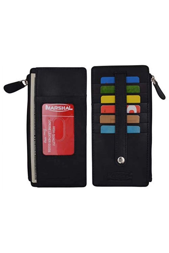 Leather All in One Card Case Holder Slim Wallet With a Card Protection Strap by Marshal