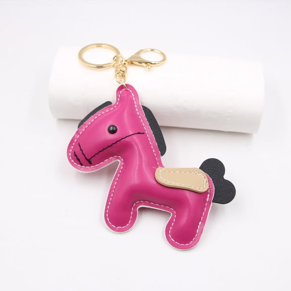 Leather Animal Keychain PU Leather Cartoon Cute Key Ring Bag Dangling Charm, Horse Shape Pendant