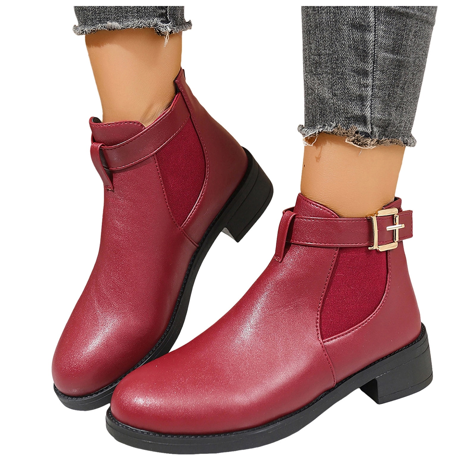 靴 CLANE EGDE ROUND SHORT BOOTS Leather Ankle Boots for Women Round Toe Low Heel Slip On Short