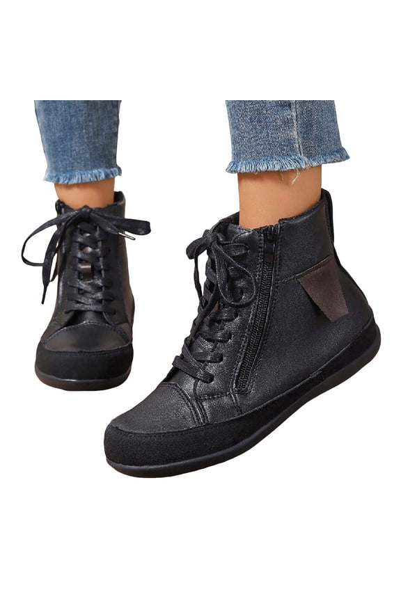 Leather Ankle Winter Boots for Women Wide Toe Box Short Flat Combat Booties Casual Non Slip Lace Up High Top Sneakers Black Size 9