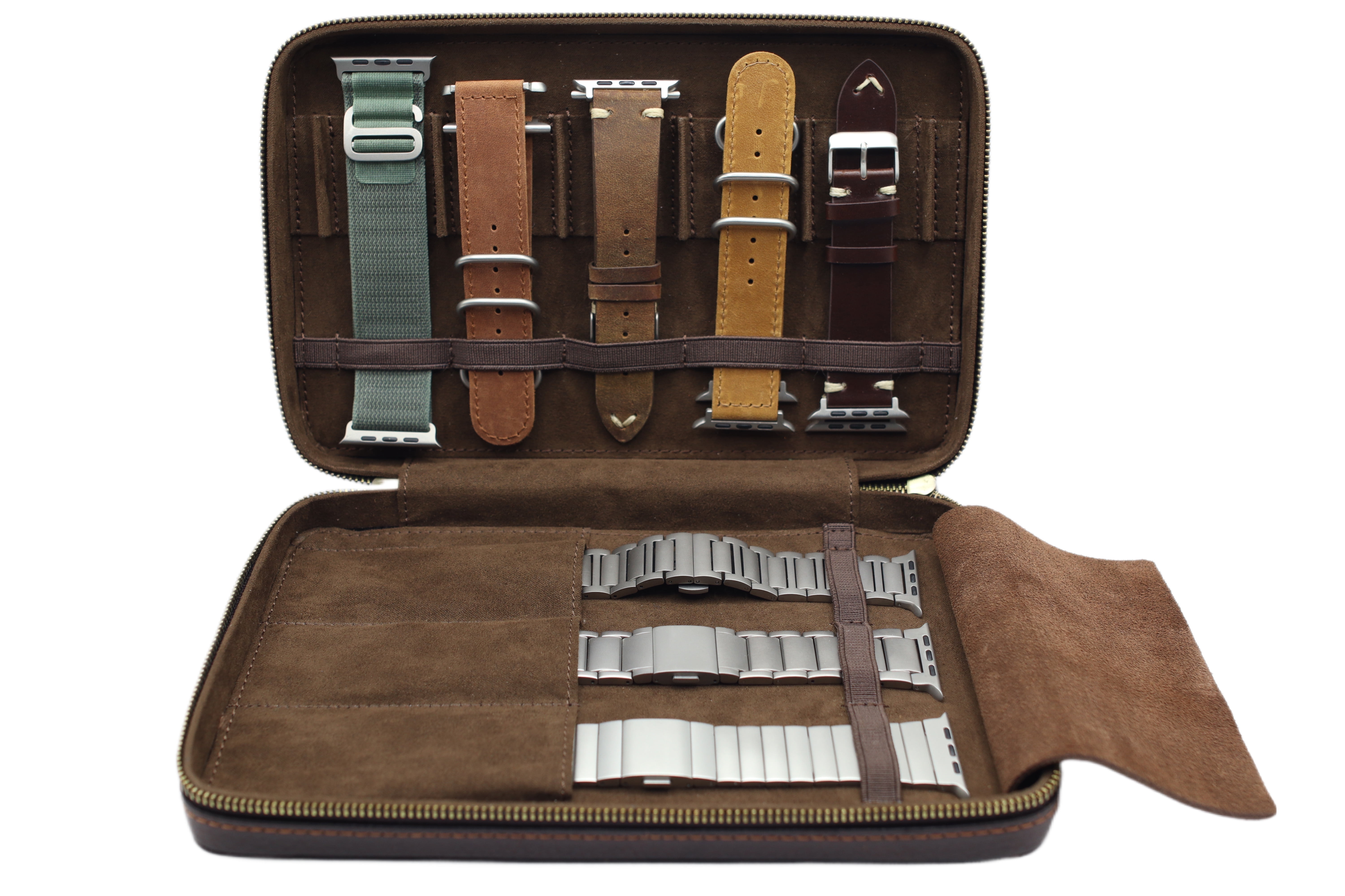 Leather Watch Strap Storage Case - Fits 8 Bands Including Metal Bands Compatible with Apple Watch, Samsung, Android Wear Smartwatch Bracelets - Unisex
