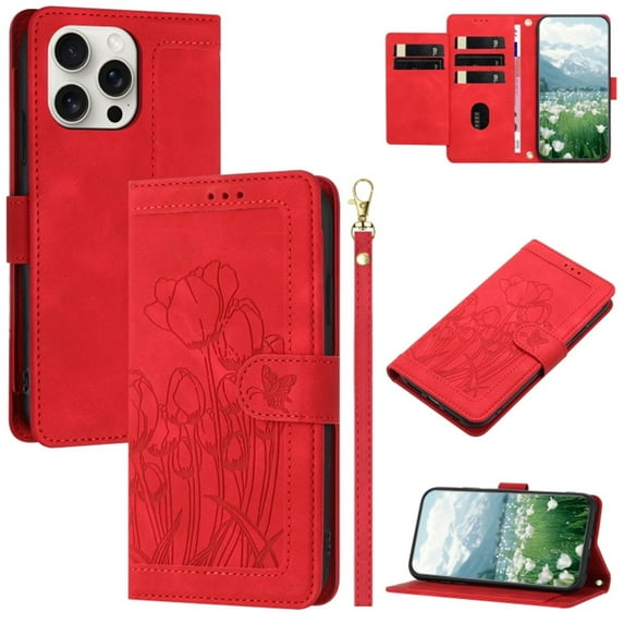 Leather For Apple iPhone 12 / 12 Pro Case Tulip Embossed 5-card Flip Wallet Leather Case with Card Holder Magnetic Closure ,Detachable Wrist Strap,Shockproof Phone Cases Cover,Red