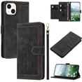 thumbnail image 1 of Leather For Apple iPhone 14 Case Tulip Embossed 5-card  Flip Wallet Leather Case with Card Holder Magnetic Closure ,Detachable Wrist Strap,Shockproof Phone Cases Cover,Black,For iPhone 14, 1 of 9