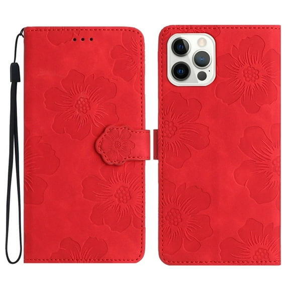 Leather For Apple iPhone 14 Pro Case Flower Embossed 3-card Flip Wallet Leather Case with Card Holder Magnetic Closure ,Detachable Wrist Strap,Shockproof Phone Cases Cover,Red,For iPhone 14 Pro