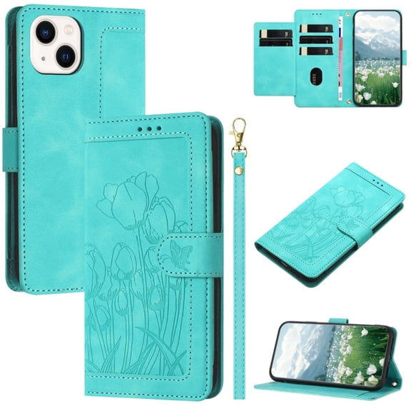 Leather For Apple iPhone 15 Case Tulip Embossed 5-card  Flip Wallet Leather Case with Card Holder Magnetic Closure ,Detachable Wrist Strap,Shockproof Phone Cases Cover,Green,For iPhone 15