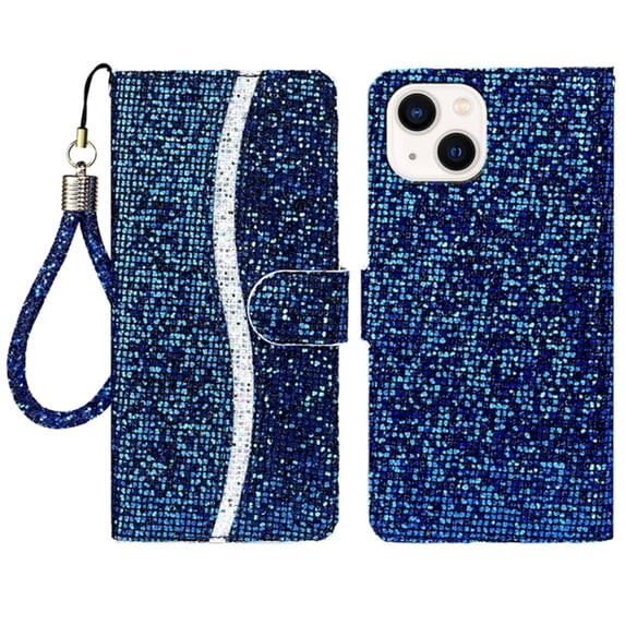 Leather For Apple iPhone 15 Plus Case 6.7",Glitter Sparkly Bling Flip Wallet Leather Case With Card Holder Shockproof Kickstand Protective Phone Cases Cover,Blue,For iPhone 15 Plus