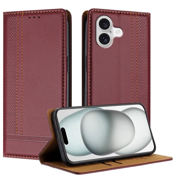 Leather For Apple iPhone 16 6.1-inch Case , Stitching design Flip Wallet Leather Case With Card Holder Magnetic Closure Shockproof Kickstand Protective Phone Cases Cover,Wine red,For iPhone 16
