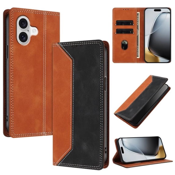 Leather For Apple iPhone 16 Plus 6.7-inch Case , RFID Blocking,Flip Color blocking Wallet Leather Case With Card Holder Magnetic Closure Shockproof Kickstand Protective Phone Cases Cover,Black