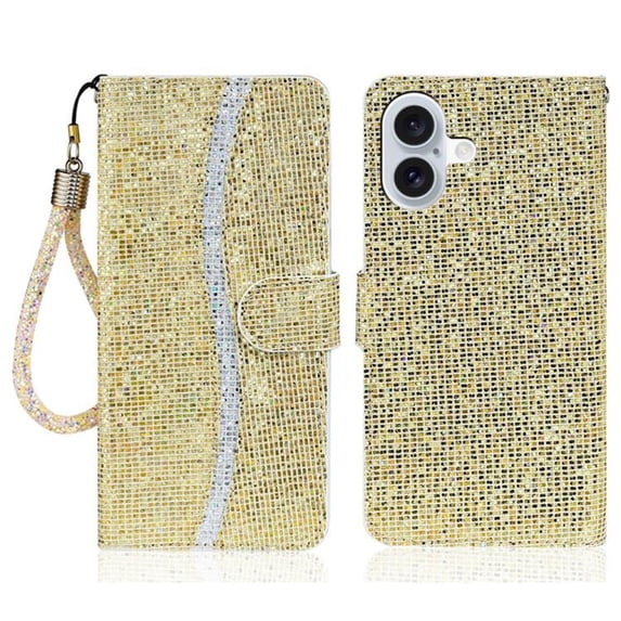Leather For Apple iPhone 16 Plus Case 6.7",Glitter Sparkly Bling Flip Wallet Leather Case With Card Holder Shockproof Kickstand Protective Phone Cases Cover,Gold,For iPhone 16 Plus