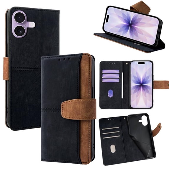 Leather For Apple iPhone 16 Plus RFID Blocking Dual Tone Flip Wallet Case, With Card Holder Buckle Magnetic Closure Shockproof Kickstand Protective Phone Cases Cove,Black,For iPhone 16 Plus
