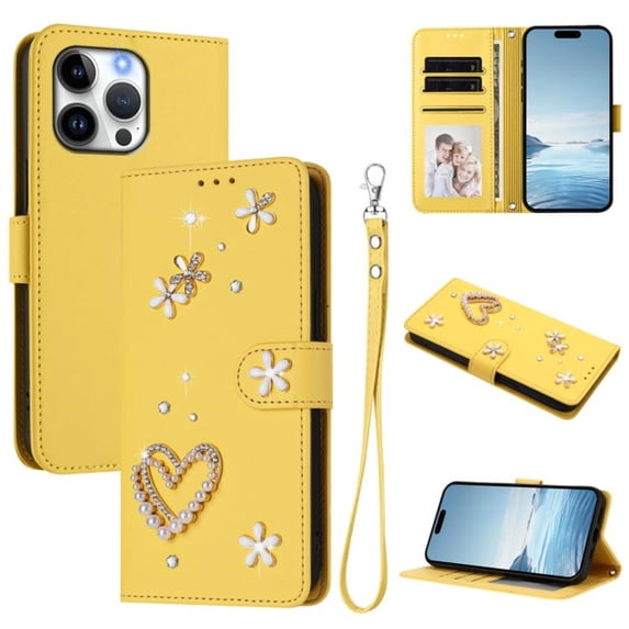 Leather For Apple iPhone 16 Pro Max Case Double Layered Heart-shaped Flower Flip Wallet Leather Case, Card Holder Magnetic Closure Phone Cases Cover With Hand Strap,Yellow,For iPhone 16 Pro Max